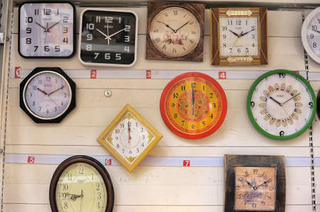 Russia, St. Petersburg 11.04.2020 Wall clock for sale in a supermarketのeditorial素材