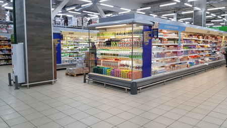Russia, St. Petersburg 11.04.2020 Yogurts on a shelf in a supermarket during the coronavirus epidemicのeditorial素材