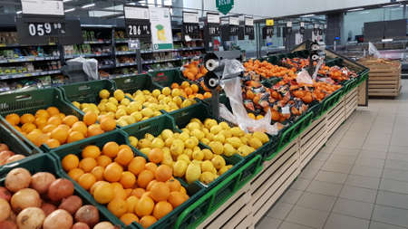 Russia, St. Petersburg 23.04.2020 Vegetable department in the supermarket during the coronavirus epidemicのeditorial素材