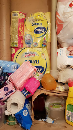 Russia, St. Petersburg 29.03.2020 Stocks of toilet paper and gaskets at home in connection with the epidemic of coronavirusのeditorial素材