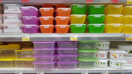 Russia, St. Petersburg 04.05.2020 Plastic food containers on a shelf in a supermarket