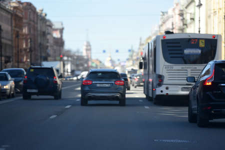 Russia, St. Petersburg 04.05.2020 Traffic car on Nevsky Prospectのeditorial素材