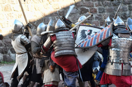 Russia, Vyborg. 13.07,2016 Festival of historical reconstruction. Knight's Castle. Knights in...