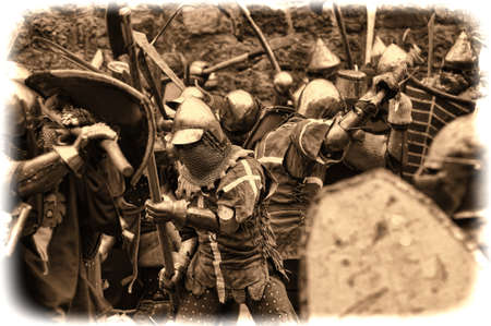 Russia, Vyborg. 13.07,2016 Festival of historical reconstruction. Knight's Castle. Knights in medieval armor during the battleのeditorial素材
