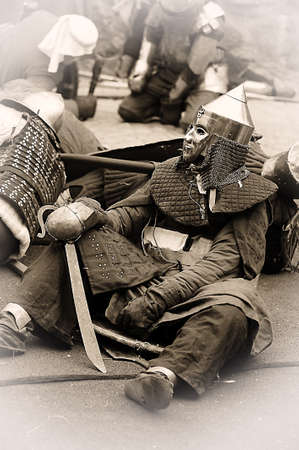 Russia, Vyborg. 13.07,2016 Festival of historical reconstruction. Knight's Castle. Knights in medieval armor during the battleのeditorial素材