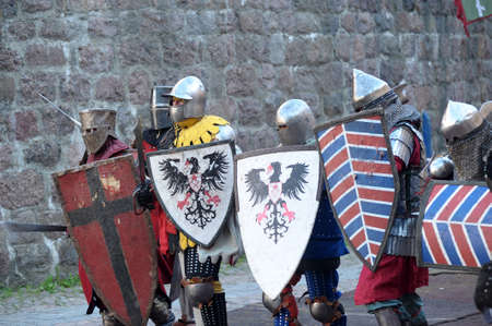 Russia, Vyborg. 13.07,2016 Festival of historical reconstruction. Knight's Castle. Knights in medieval armorのeditorial素材
