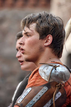 Russia, Vyborg. 13.07,2016 Festival of historical reconstruction. Knight Castle. Knights in medieval armorのeditorial素材