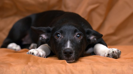 little funny brown with white puppy on a brown backgroundの写真素材