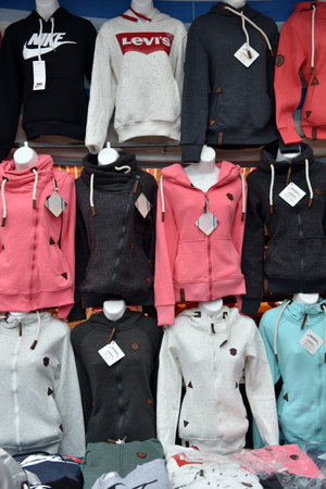 Russia, St. Petersburg 20.05.2020 Women's sweatshirts in the marketのeditorial素材