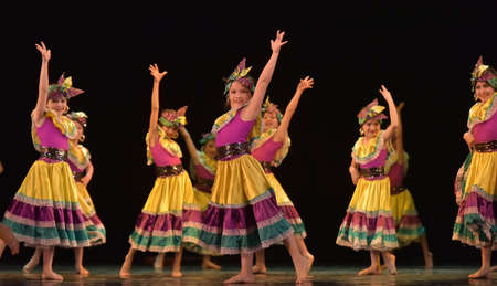 Russia, St. Petersburg 20,05,2019 Children in colorful costumes dance Mexican dance on stageのeditorial素材