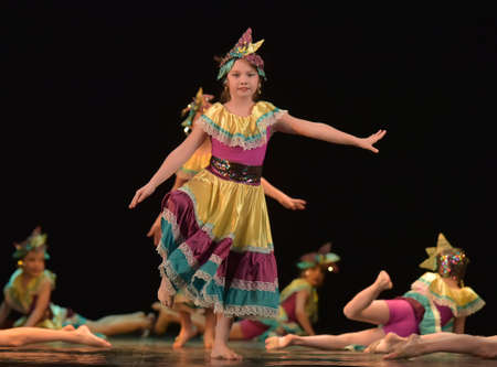 Russia, St. Petersburg 20,05,2019 Children in colorful costumes dance Mexican dance on stageのeditorial素材