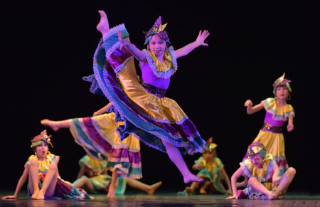 Russia, St. Petersburg 20,05,2019 Children in colorful costumes dance Mexican dance on stageのeditorial素材