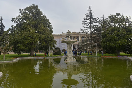 Turkey, Istanbul 20,03,2018 Small artificial pond with water lilies in park of Dolmabahce Palace (Dolmabahce Sarayi), Istanbul, Turkeyのeditorial素材