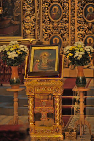 Russia, Pskov 16,10,2019 Interior and icons of the Holy Trinity Cathedralのeditorial素材
