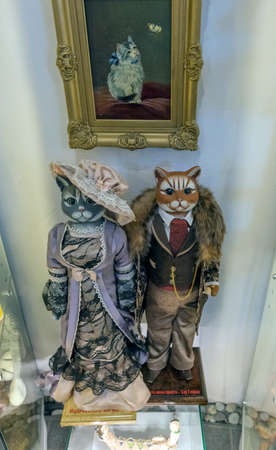 Zelenogradsk, Russia - 08/19/2020 - Murarium cats museum. Art cats collection in Krantz water tower. Souvenirs, figurines and toys with catsのeditorial素材