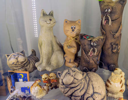 Zelenogradsk, Russia - 08/19/2020 - Murarium cats museum. Art cats collection in Krantz water tower. Souvenirs, figurines and toys with catsのeditorial素材