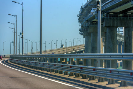 Crimean bridge, Taman, Russia - 11.09.2020: The navigable arch of the Crimean bridge. Arch of the...