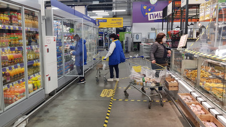 Russia, St. Petersburg 08.10.2020 Shoppers in a supermarket during the coronavirus epidemic
