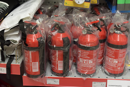 Russia, St. Petersburg 09,05,2020 Fire extinguishers on sale in a supermarketのeditorial素材