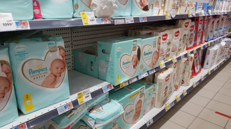 Russia, St. Petersburg 19,12,2020 Pampers for children on a shelf in a supermarketのeditorial素材