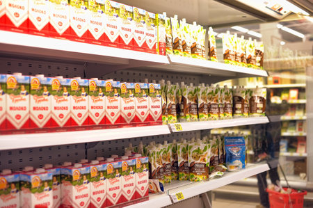 Russia, St. Petersburg 20-12-2018 Milk and mayonnaise on sale in a supermarketのeditorial素材