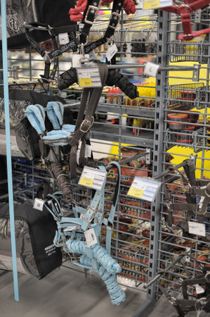 Russia, St. Petersburg 20-12-2018 Riding harness in the sports shopのeditorial素材