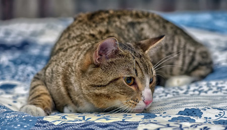 large striped with white shorthair cat on the couch