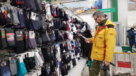 Russia, St. Petersburg 03.02.2021 Men's socks on a shelf in a supermarketのeditorial素材