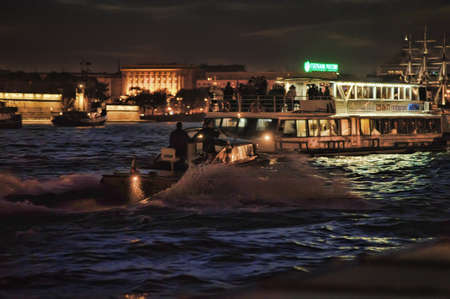 Saint Petersburg, Russia 20.06.2018 Navigation at night on the Neva, tourist excursion boatsのeditorial素材