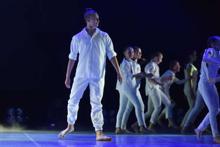 St. Petersburg, Russia 27.02.2019 Children's dance outdoor festival, theatricalized performance of children on stageのeditorial素材