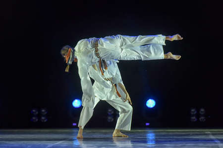 St. Petersburg, Russia 27.02.2019 Children's dance outdoor festival, theatricalized performance of children on stageのeditorial素材