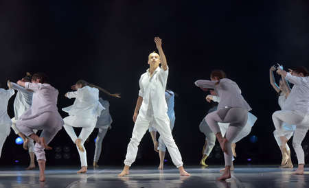 St. Petersburg, Russia 27.02.2019 Children's dance outdoor festival, theatricalized performance of children on stageのeditorial素材