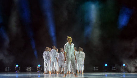 St. Petersburg, Russia 27.02.2019 Children's dance outdoor festival, theatricalized performance of children on stageのeditorial素材