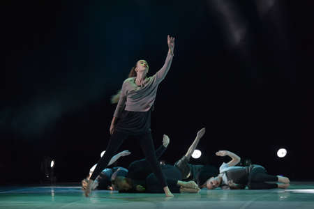 St. Petersburg, Russia 27.02.2019 Children's dance outdoor festival, theatricalized performance of children on stageのeditorial素材