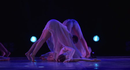 St. Petersburg, Russia 27.02.2019 Children's dance outdoor festival, theatricalized performance of children on stageのeditorial素材