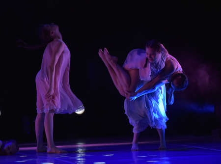 St. Petersburg, Russia 27.02.2019 Children's dance outdoor festival, theatricalized performance of children on stageのeditorial素材