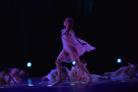 St. Petersburg, Russia 27.02.2019 Children's dance outdoor festival, theatricalized performance of children on stageのeditorial素材