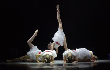 St. Petersburg, Russia 27.02.2019 Children's dance outdoor festival, theatricalized performance of children on stageのeditorial素材