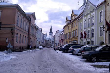 Estonia Tallinn 28,12,2017 City streets in the center of Tallinn in the early morning in winterのeditorial素材