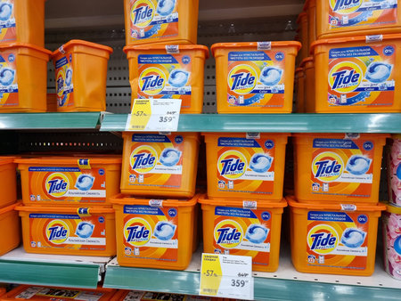 Russia, St. Petersburg 04.01.2021 Packages of washing capsules for washing clothes on sale on...