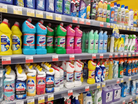 Russia, St. Petersburg 11,04,2021 Household chemicals on supermarket shelvesのeditorial素材