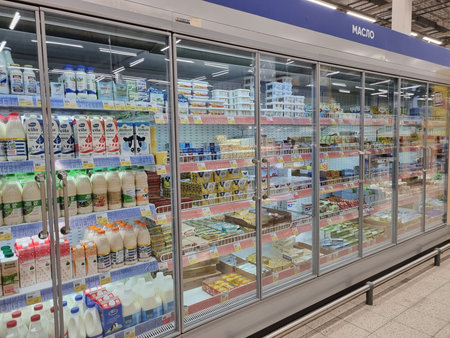 Russia, St. Petersburg 11,04,2021 Dairy products on supermarket shelves