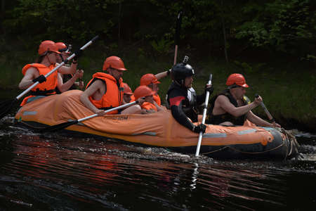 KARELIA REGION, RUSSIA - 18-07-2016: tourist rafting on an inflatable raft on the river from the rapids in Kareliaのeditorial素材