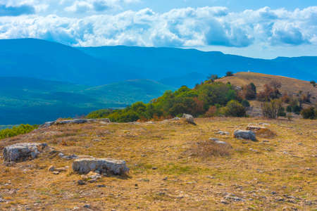 beautiful landscape views in early autumn mountains Crimea Baydar Valleyの写真素材