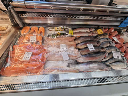 Russia, St. Petersburg 17.08.2021 Fresh fish on the counter of the store for saleのeditorial素材