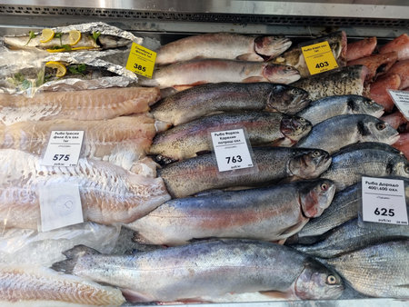 Russia, St. Petersburg 17.08.2021 Fresh fish on the counter of the store for sale