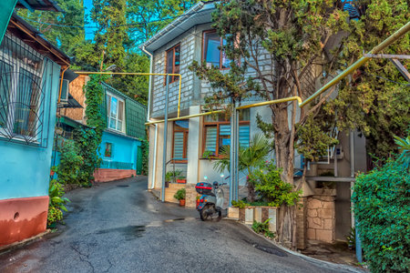 Crimea, Gurzuf - 20.09.2021. Old city street. Streets and views of the southern seaside city.のeditorial素材