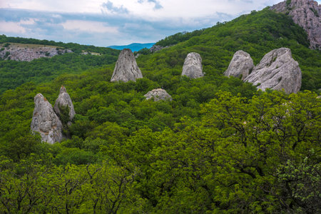 Summer mountain landscape: 681m Ilyas-Kaya and Sun Temple. View of Cape Aya, near Laspi, Crimeaの写真素材