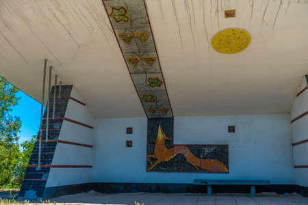 Crimea, 05/15/2021 An old Soviet-era bus stop on a road in Crimea.のeditorial素材