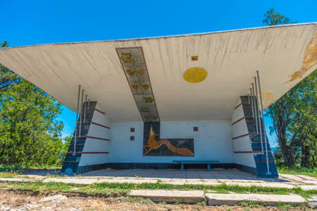 Crimea, 05/15/2021 An old Soviet-era bus stop on a road in Crimea.のeditorial素材